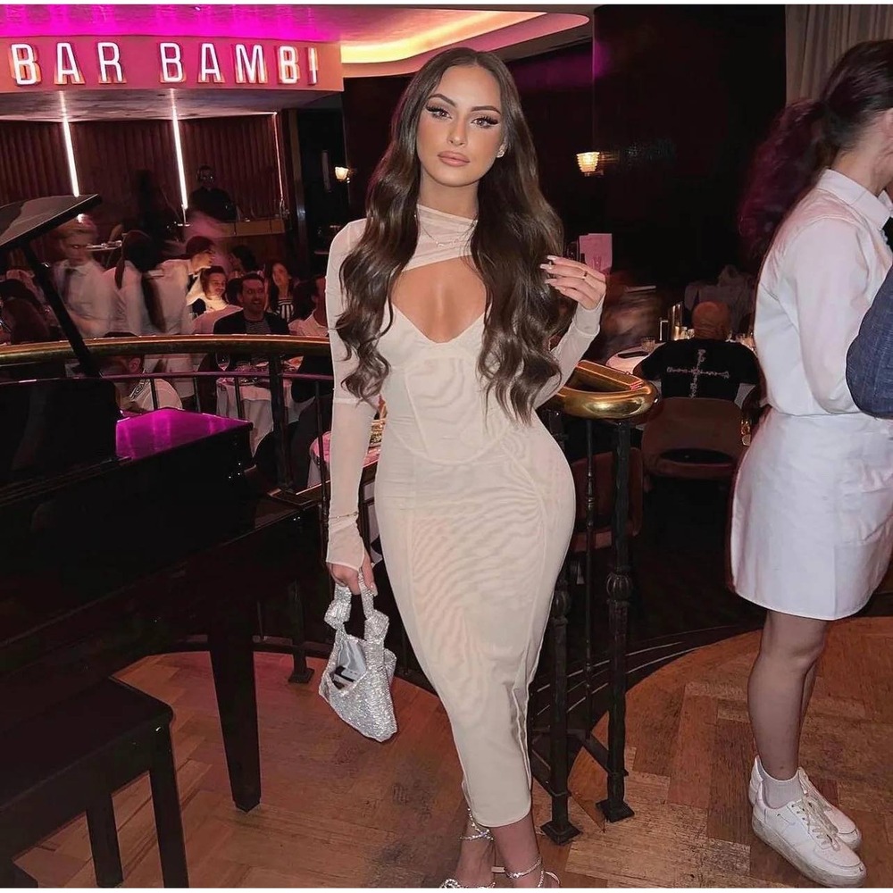 House of CB Beatrice corset midi dress size S plus cup beige bodycon